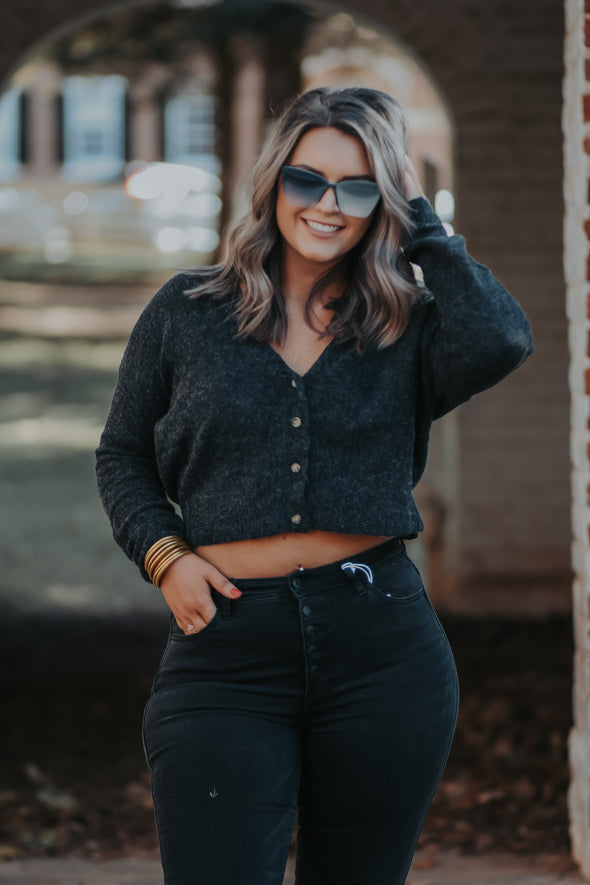 Charcoal Fuzzy Button Down Sweater Top