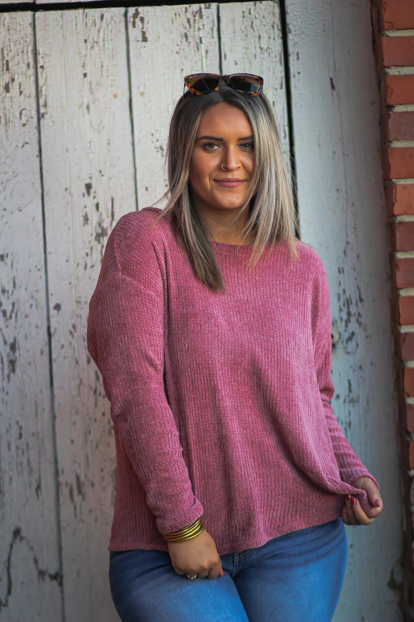 Mauve Chenille Knit Long Sleeve Top