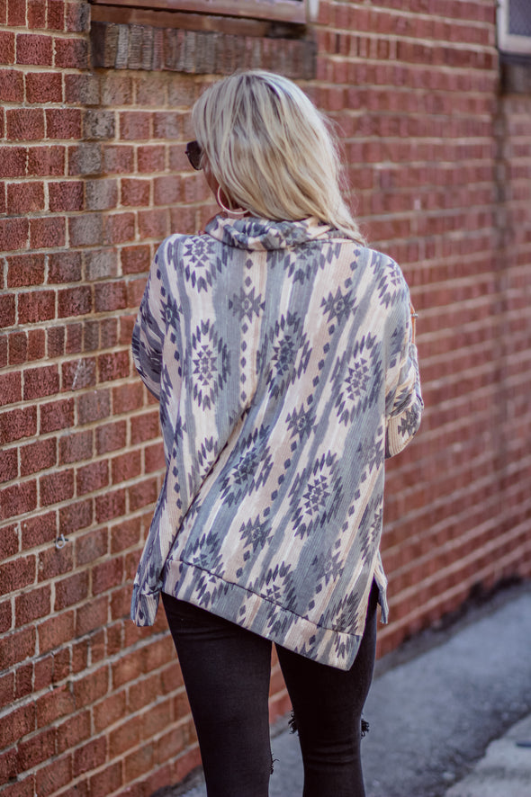 Charcoal & Taupe Aztec Cowl Neck Poncho Top