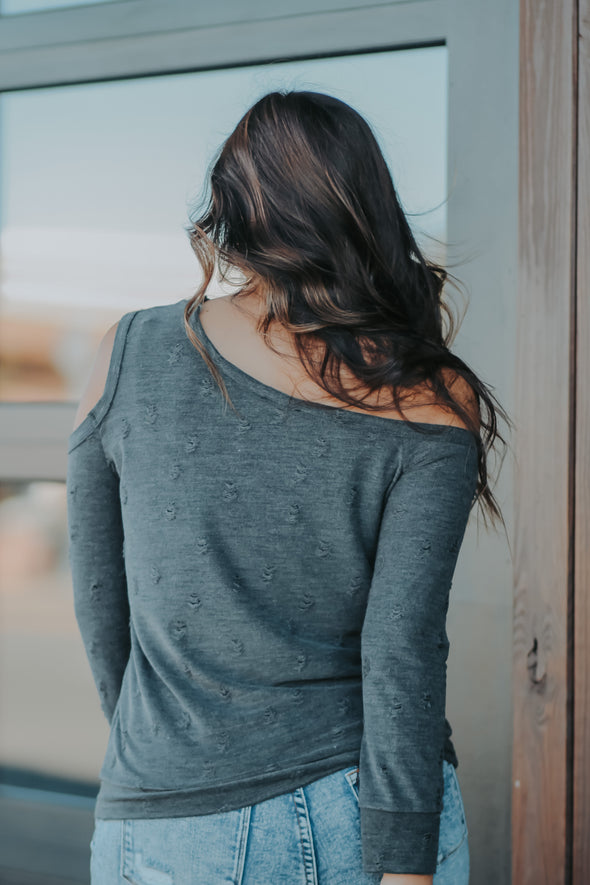 Charcoal Distressed Open Shoulder Top