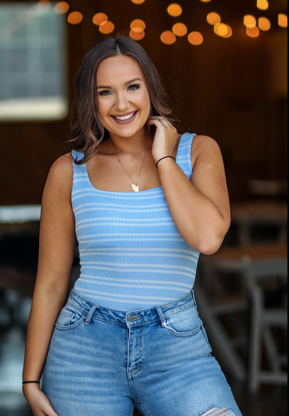 Blue & Ivory Striped Ribbed Bodysuit