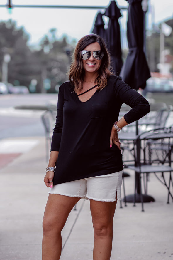 Black Cutout Neck Pocket Top