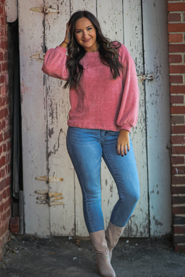 Rose Fuzzy Knit Pullover Top