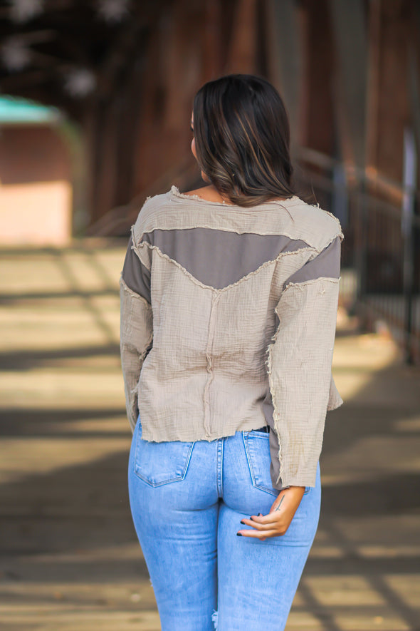 Dusty Olive Gauze Front Pocket Top