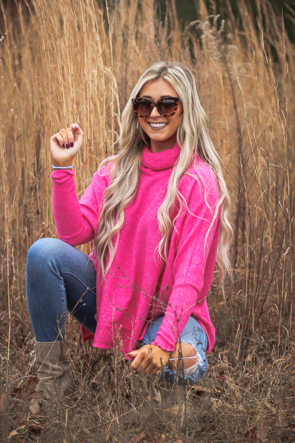 Fuchsia Brushed Knit Cowl Neck Top