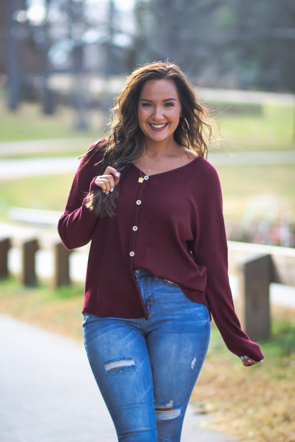 Wine Waffle Knit Button Detail Long Sleeve Top