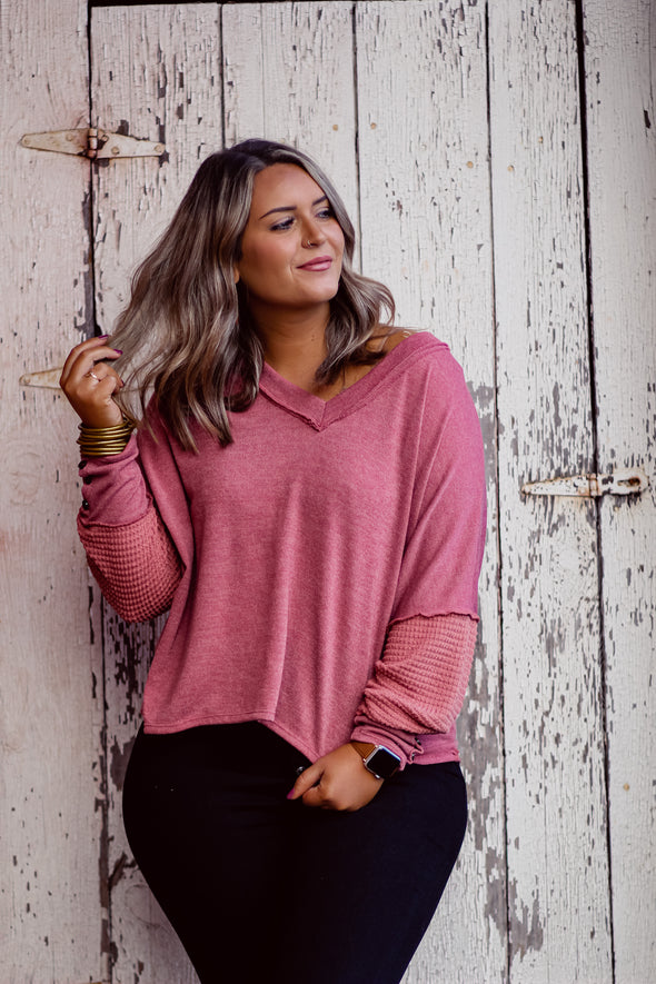 Marsala Waffle Knit Contrast V Neck Top