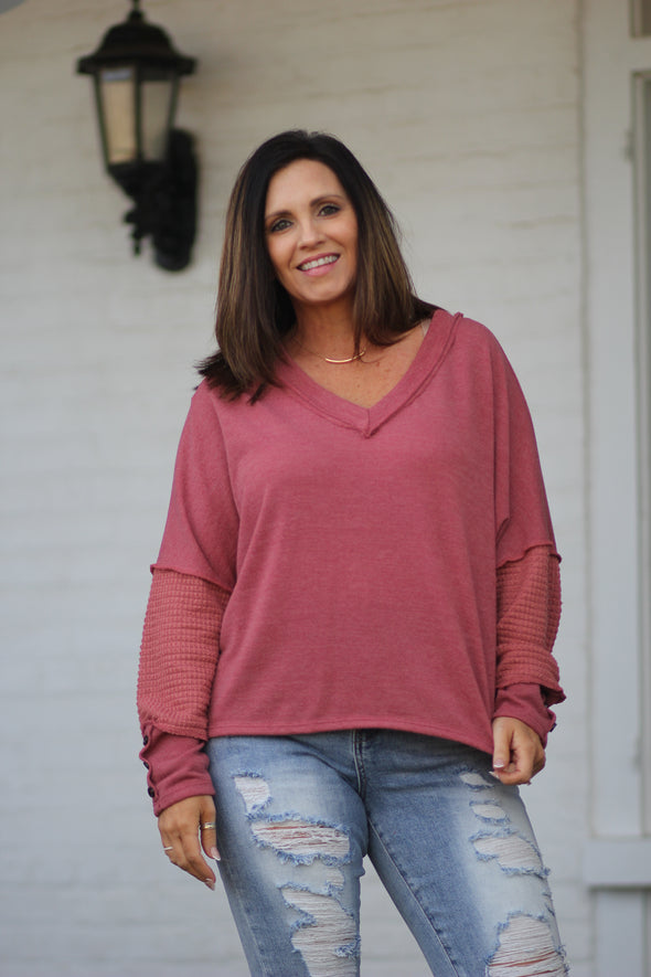 Marsala Waffle Knit Contrast V Neck Top