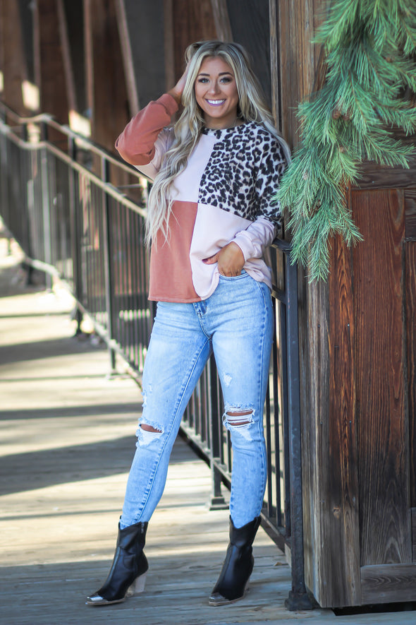 Blush & Leopard Colorblock Brushed Long Sleeve Top