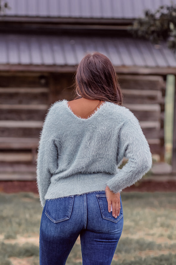 Long Sleeve Fuzzy Knit Sweater in Teal