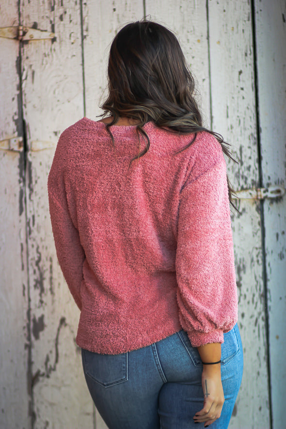 Rose Fuzzy Knit Pullover Top