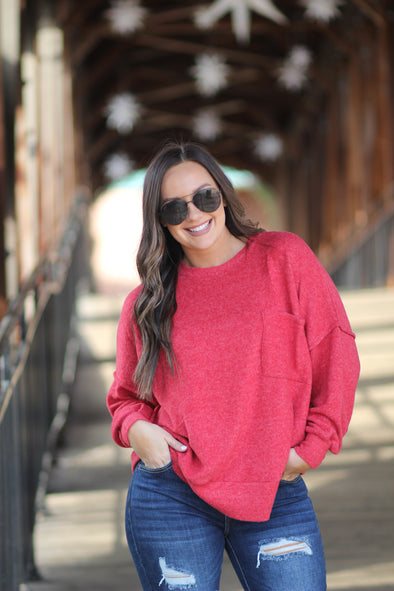Red Brushed Front Pocket Sweater in Regular & Curvy