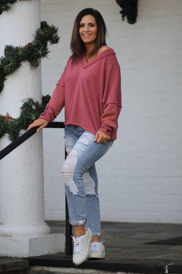 Marsala Waffle Knit Contrast V Neck Top