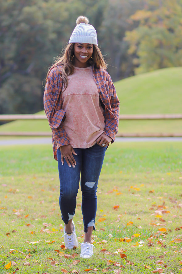 Camel & Blue Plaid Button Down Flannel Top