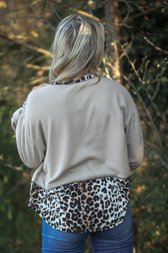 Taupe Leopard Contrast Front Pocket Top