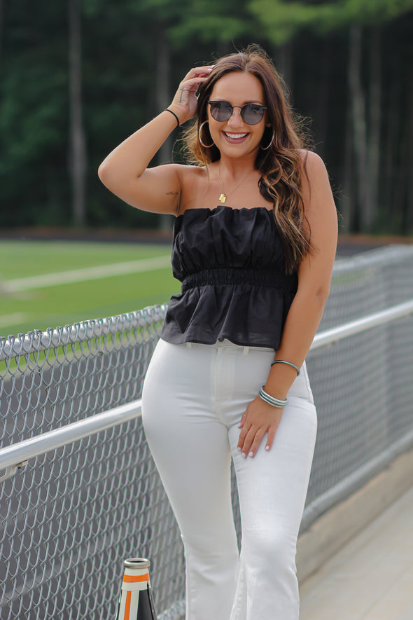 Black Strapless Peplum Top