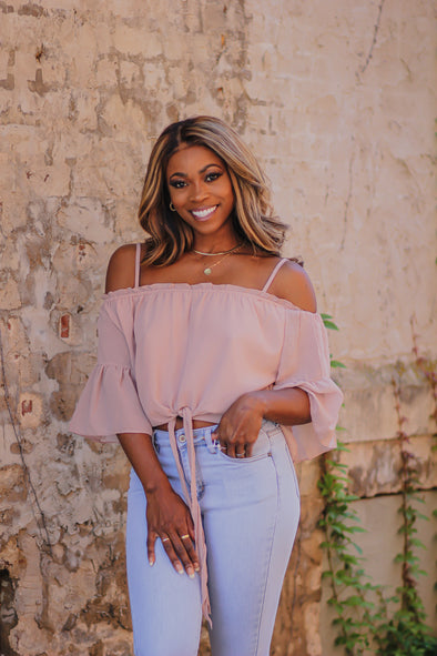 Dusty Rose Woven Off Shoulder Tie Front Blouse