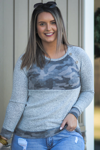 Heather Grey & Camo Button Detail Top