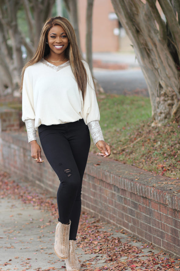 Cream & Sequin Batwing V Neck Top