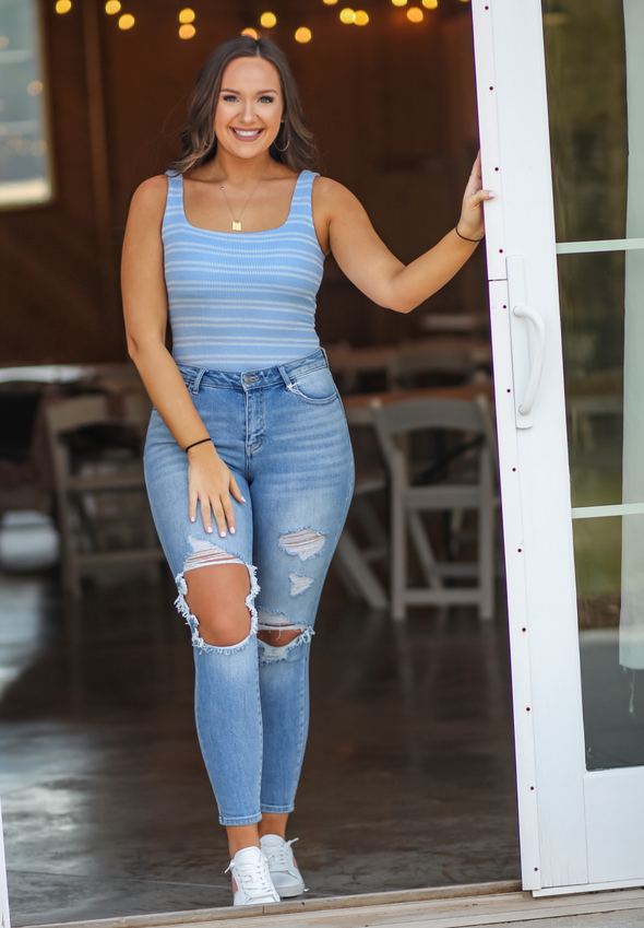 Blue & Ivory Striped Ribbed Bodysuit