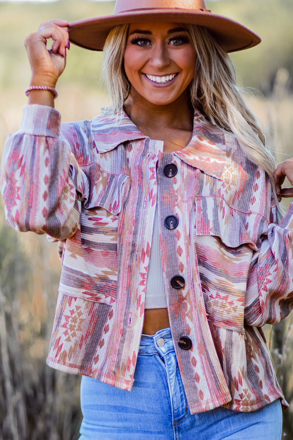 Rust Aztec Ribbed Button Down Cozy Top