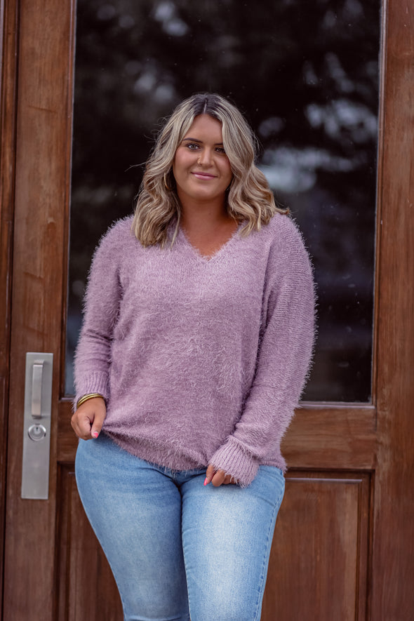 Long Sleeve Fuzzy Knit Sweater in Mauve