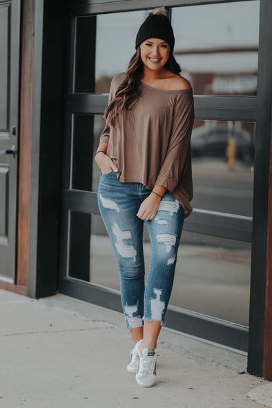 Brown Mineral Washed Dolman Sleeve Top