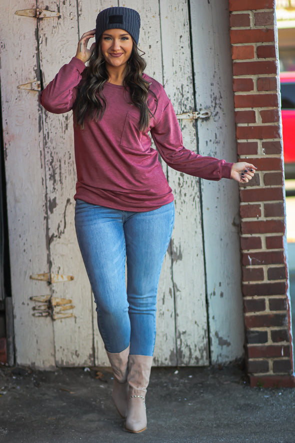 Wine Distressed Front Pocket Top