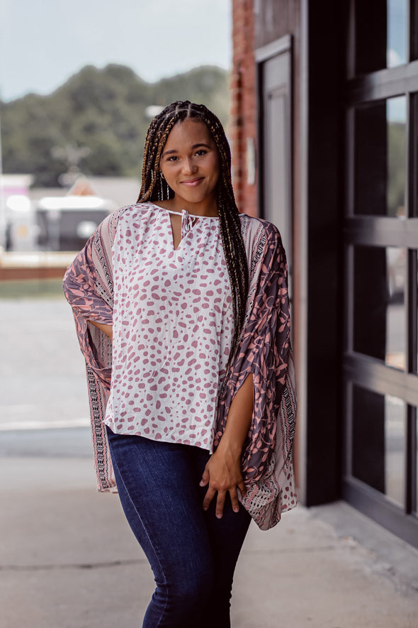 Mauve & Ivory Contrast Dolman Sleeve Tie Front Top