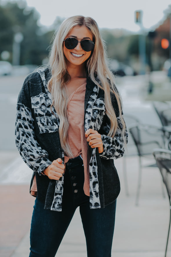 Charcoal & Leopard Hooded Soft Knit Cardigan
