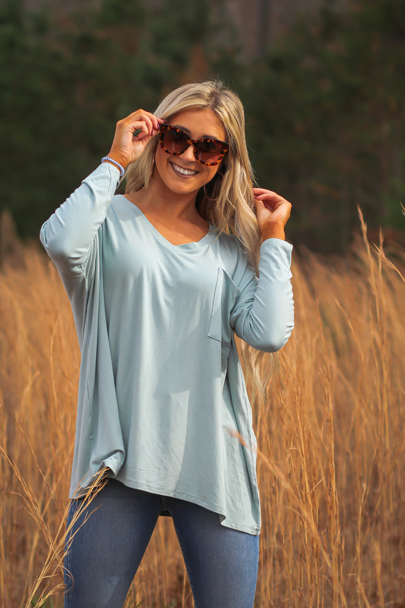 Sage Oversized Long Sleeve Front Pocket Top