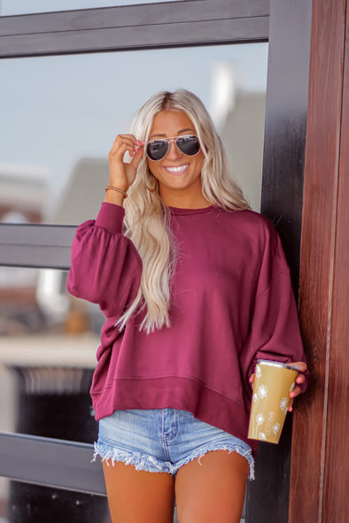 Deep Wine Balloon Sleeve Banded Sweatshirt