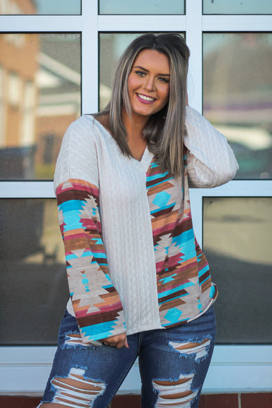 Taupe & Aztec Cable Knit Contrast Sweater