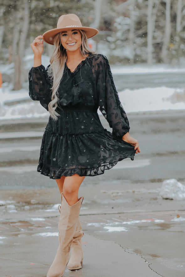 Black Chiffon Tiered Long Sleeve Mini Dress