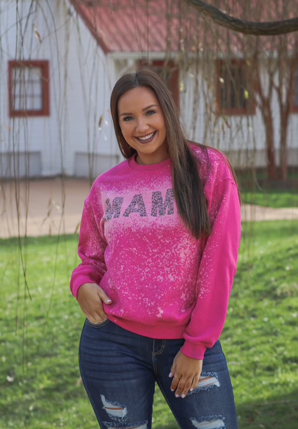 Hot Pink Leopard Mama Bleached Graphic Sweatshirt