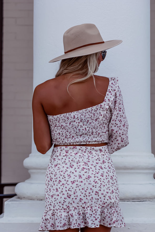 Ivory Floral Print One Shoulder Smocked Crop Top