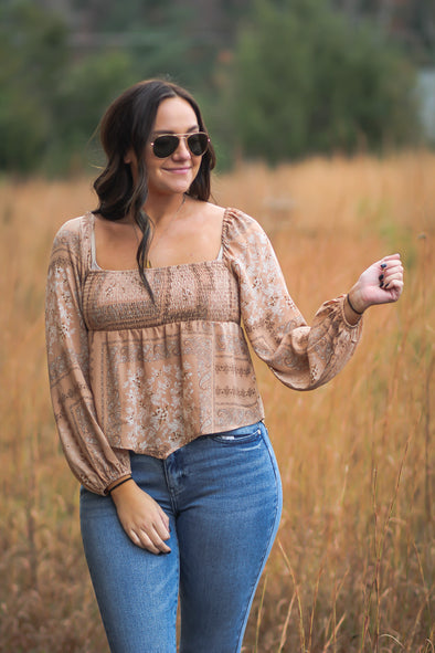 Taupe Paisley Smocked Balloon Sleeve Top