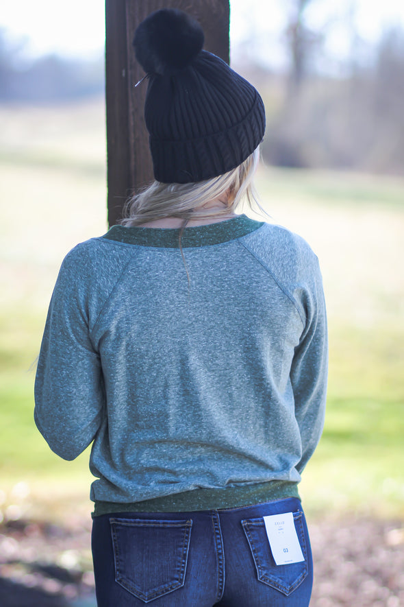 Olive Contrast V Neck Soft Knit Top