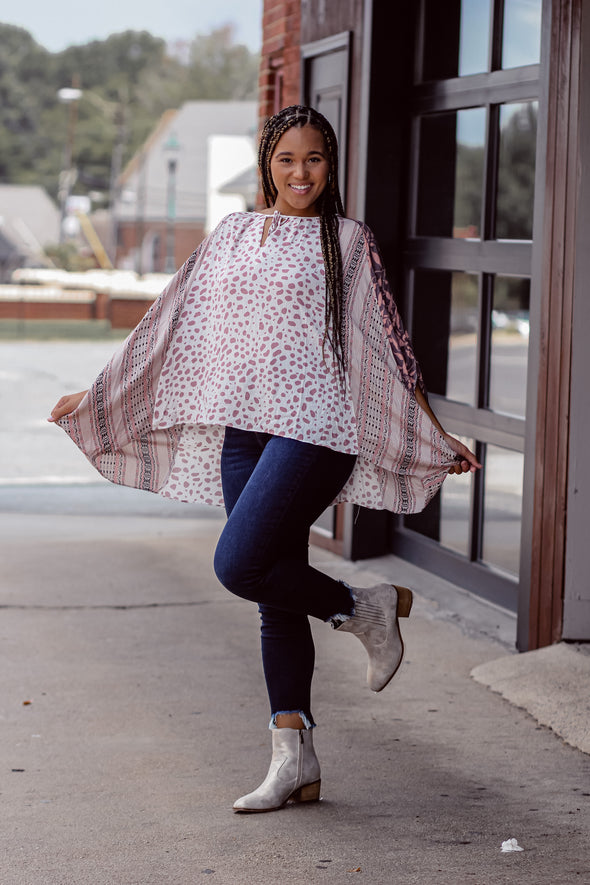 Mauve & Ivory Contrast Dolman Sleeve Tie Front Top