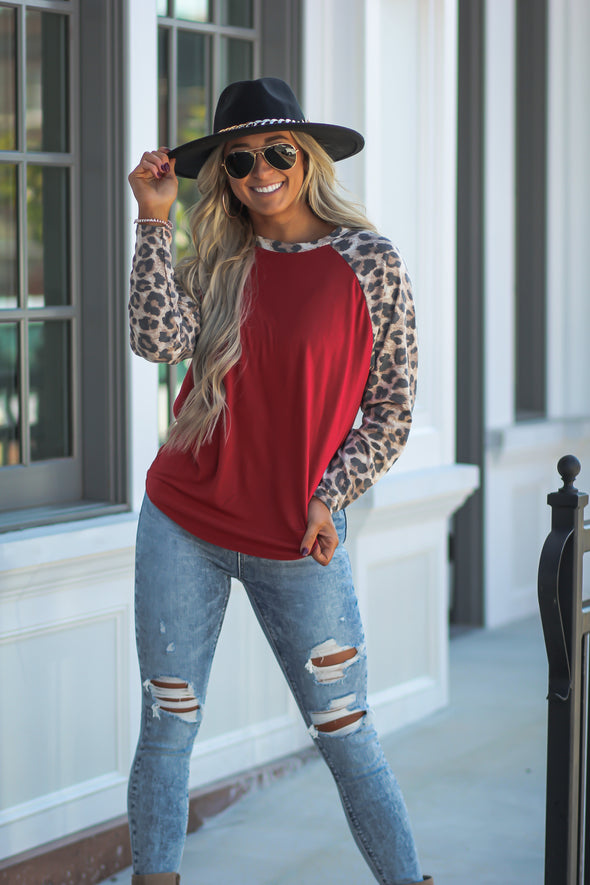 DOORBUSTER Red & Leopard Raglan Long Sleeve Top