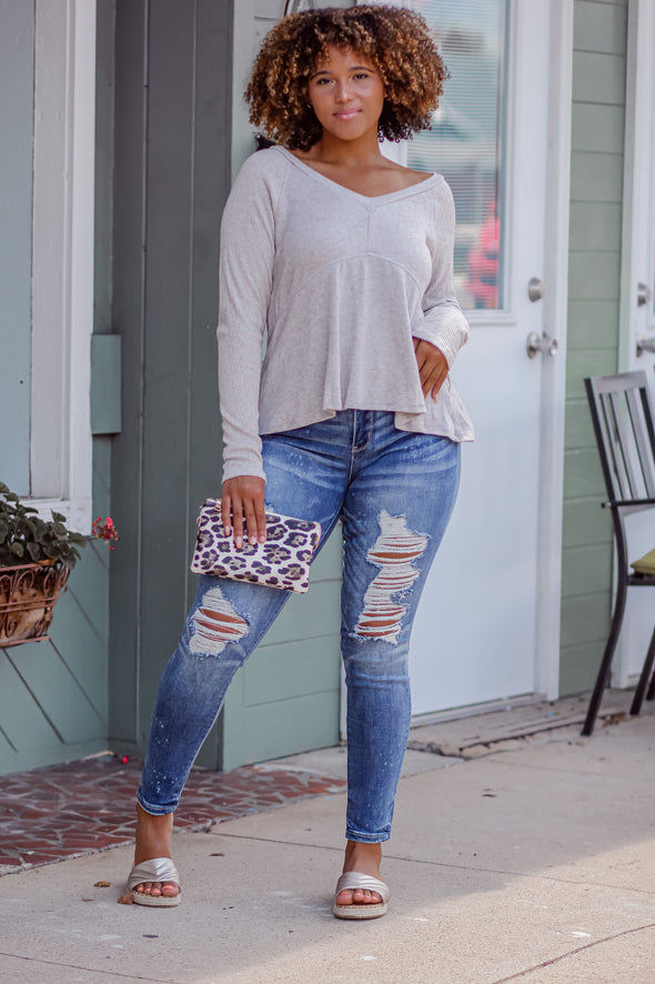 Oatmeal Contrast Knit V Neck Top