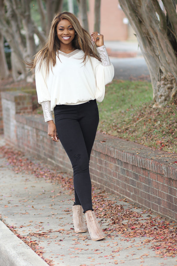 Cream & Sequin Batwing V Neck Top