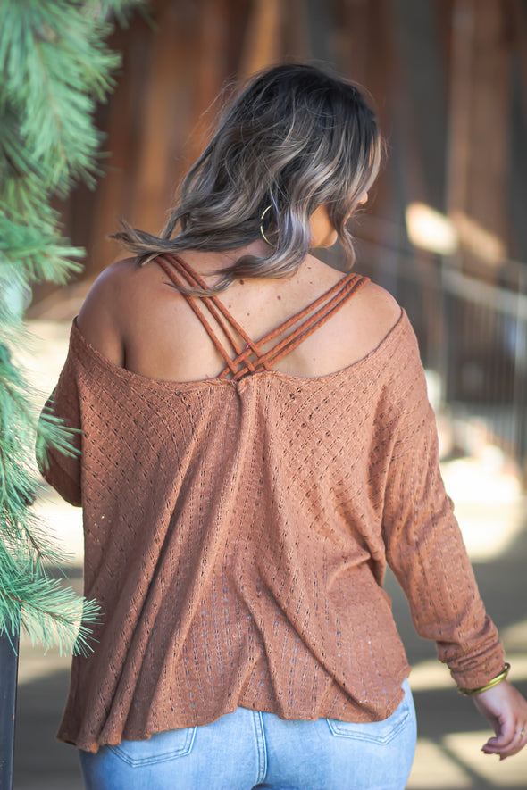 Rust Open Knit Criss Cross Back Top