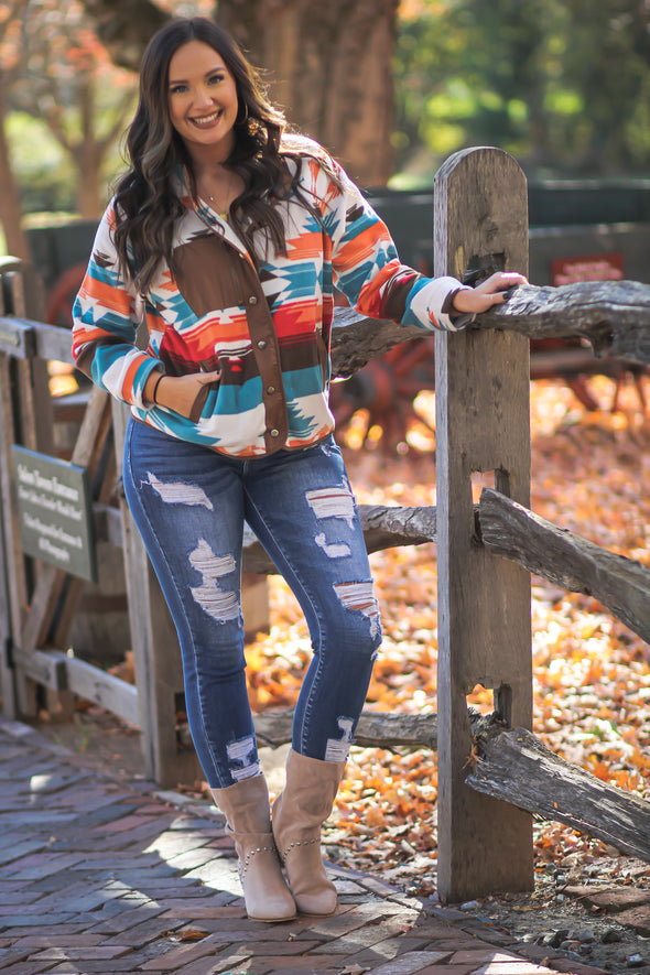 Teal & Brown Aztec Fleece Jacket