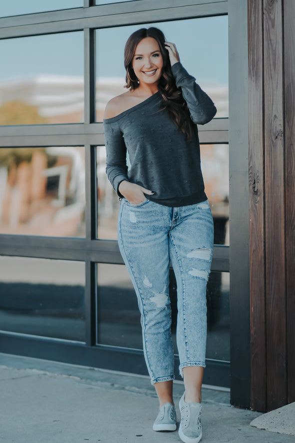 Charcoal Distressed Open Shoulder Top