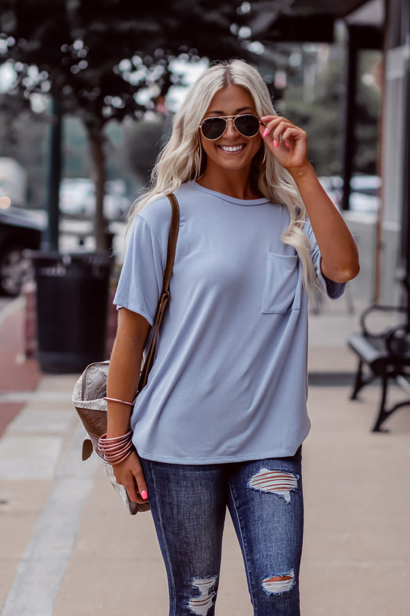 Dusty Blue Short Sleeve Pocket Top