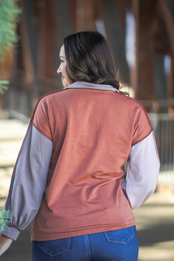 Rust & Taupe Colorblock Quarter Zip Pullover