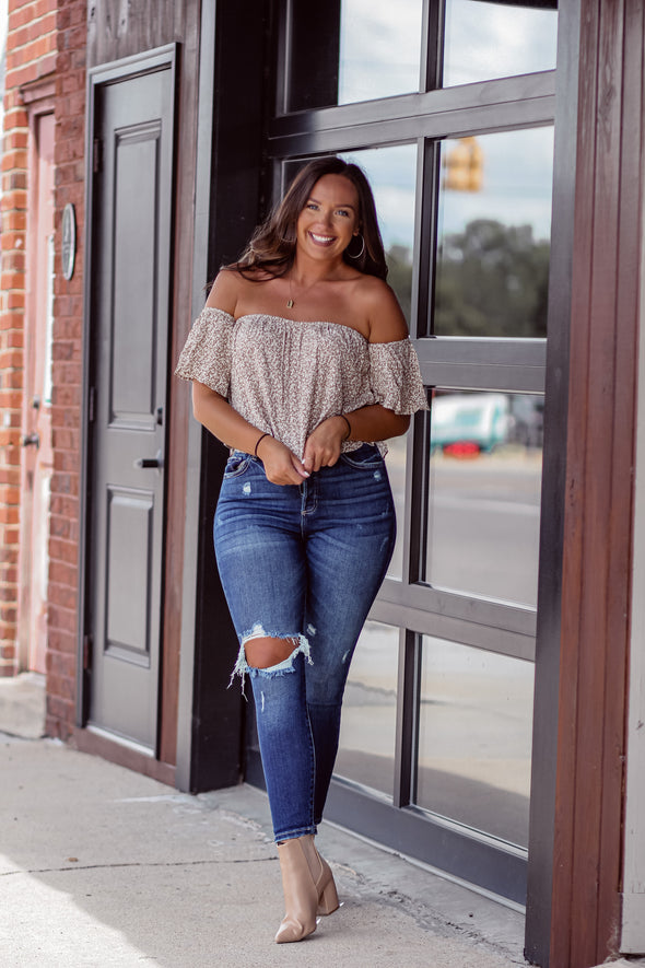 Taupe Ditsy Floral Off Shoulder Top