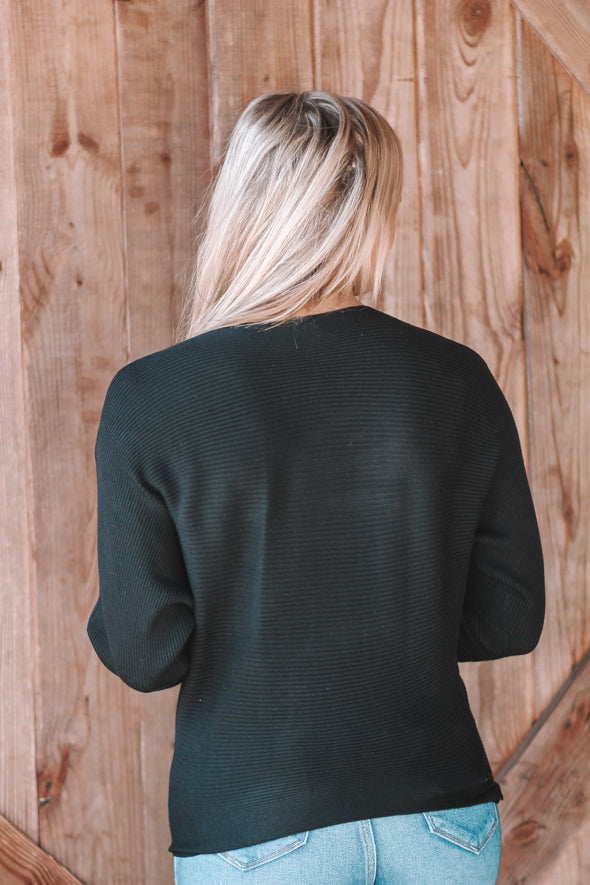 Black Ribbed Knit Boat Neck Blouse