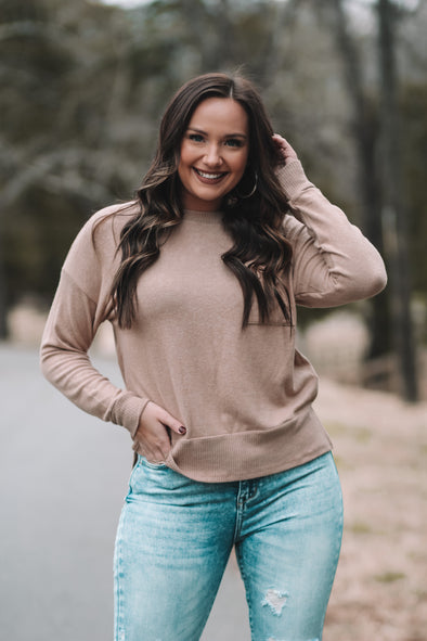 Taupe Brushed Front Pocket Long Sleeve Top